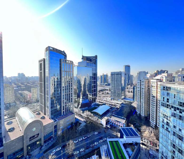 Modern corporate building exterior with glass facade, located in Beijing business district, professional architectural view